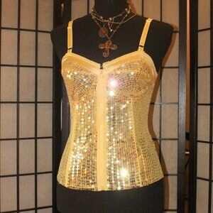 Vintage Women’s Top - 2000’s Yellow Sequined Zip-Up Corset McBling Video Vixen